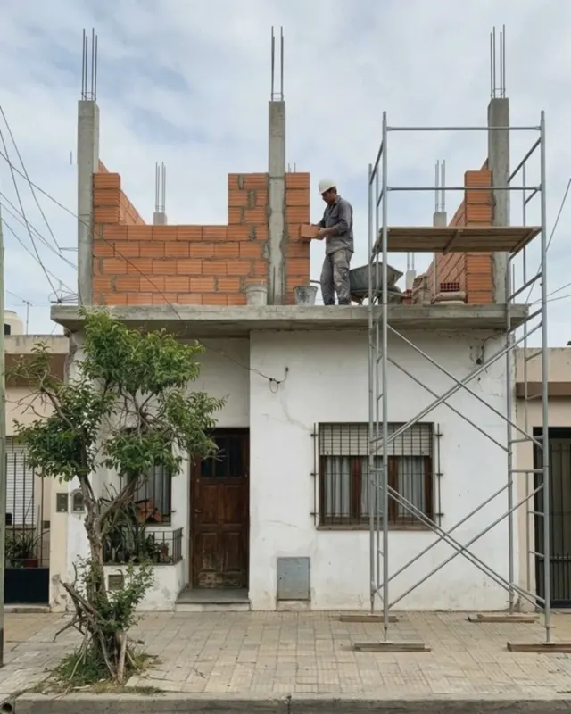 Ampliación en planta alta sobre una casa existente, con andamio y muros de ladrillo
