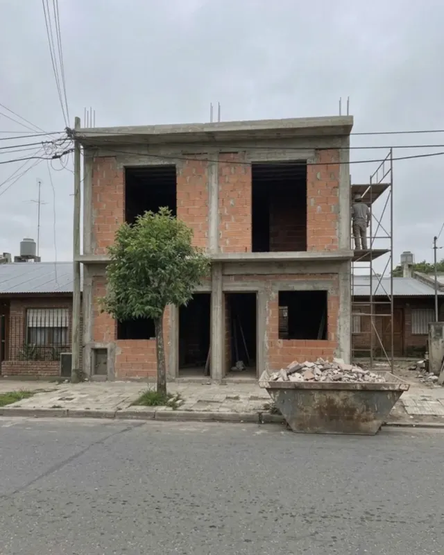 Dúplex de dos plantas en obra gris con volquete en la calle