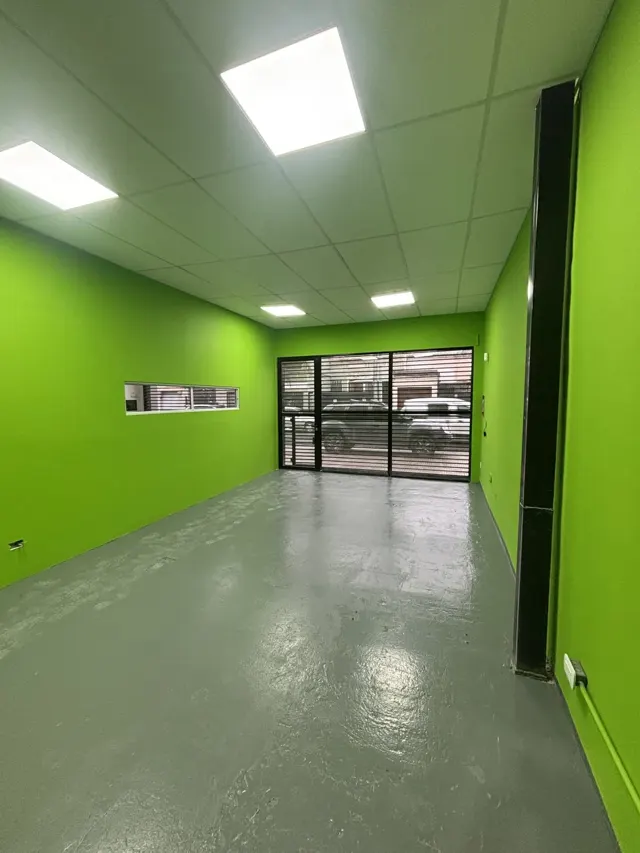 Local comercial terminado con paredes verdes, piso gris y paneles de luz en el cielorraso
